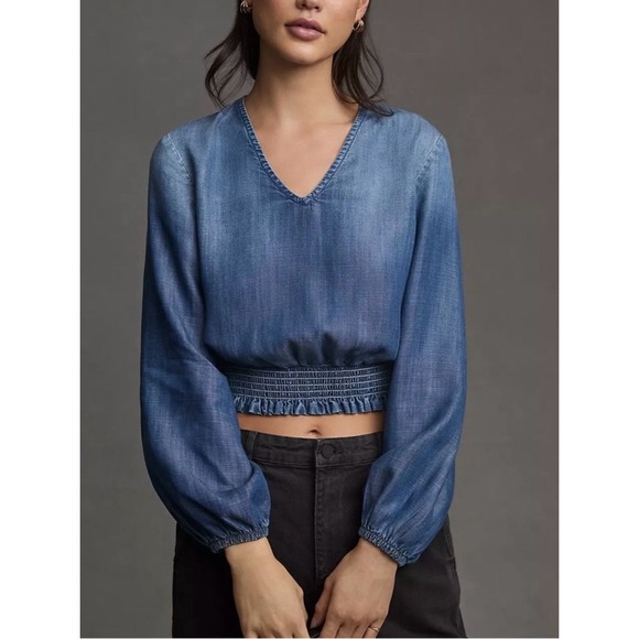 cloth & stone Tops - Cloth & Stone Anthropologie Smocked Waist Blouse Tencel Denim Chambray Top S